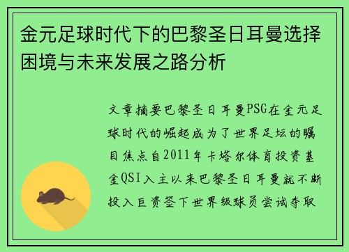 金元足球时代下的巴黎圣日耳曼选择困境与未来发展之路分析